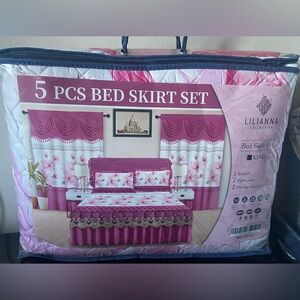 Pink Floral Bed Skirt Set- 5pcs